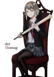 Rule 34 | 1girl, bad id, bad pixiv id, black pantyhose, blazer, chair, closed mouth, collared shirt, german text, grey eyes, grey hair, grey skirt, hairband, highres, holding, holding sword, holding weapon, jacket, legs together, looking at viewer, mole, mole under eye, open clothes, open jacket, original, pantyhose, plaid, plaid skirt, pleated skirt, saitou (lynx-shrike), school uniform, shirt, short hair, sidelocks, simple background, sitting, skirt, solo, sword, translated, uniform, weapon, white background, white shirt