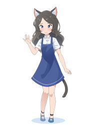 Rule 34 | 1girl, absurdres, aina (mao lian), animal ear fluff, animal ears, blue dress, blue eyes, blue footwear, blush, brown hair, cat ears, cat tail, child, closed mouth, dress, full body, hand up, highres, looking at viewer, mao lian (nekokao), original, pinafore dress, shirt, short sleeves, simple background, sleeveless, sleeveless dress, smile, solo, tail, waving, white background, white shirt