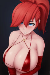 Rule 34 | 1girl, absurdres, bare shoulders, bikini, blue eyes, blush, breasts, cleavage, collarbone, elbow gloves, gloves, hair between eyes, heart o-ring, highres, large breasts, original, ponytail, red bikini, red gloves, red hair, solo, swimsuit, upper body, zask