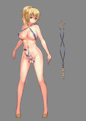 Rule 34 | 1girl, arms at sides, bar censor, blonde hair, breasts, censored, collarbone, covered erect nipples, cum, dripping, earrings, ejaculating while penetrated, ejaculation, full body, futanari, gluteal fold, green eyes, grey background, has uncensored version, highres, jewelry, large breasts, long hair, long legs, looking at viewer, navel, object insertion, parted lips, penis, penis ornament, ponytail, revealing clothes, sex toy, shiny skin, shoes, simple background, slingshot swimsuit, solo, standing, stmast, swimsuit, testicles, urethral beads, urethral insertion, vanguard (warship girls r), warship girls r