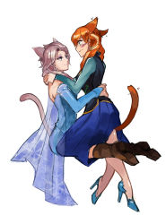 Rule 34 | 2girls, absurdres, animal ears, anna (frozen), blonde hair, blush, cat ears, cat tail, couple, elsa (frozen), eye contact, frozen (disney), hands on shoulders, high heels, highres, hug, incest, kemonomimi mode, looking at another, m yin, multiple girls, orange hair, siblings, simple background, sisters, sitting, sitting on lap, sitting on person, smirk, straddling, tail, white background, yuri