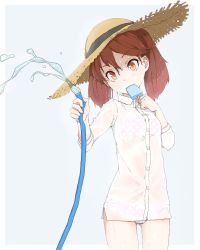 Rule 34 | 10s, 1girl, alternate headwear, bra, breasts, brown eyes, brown hair, buttons, dessert, dress shirt, eating, food, gluteal fold, hat, highres, hose, ice cream, kantai collection, long sleeves, panties, polka dot, polka dot bra, polka dot panties, popsicle, ryuujou (kancolle), see-through, shirt, small breasts, solo, sorairo usagi, straw hat, thigh gap, thighs, twintails, underwear, water, wet, wet clothes, wet shirt, white panties, white shirt