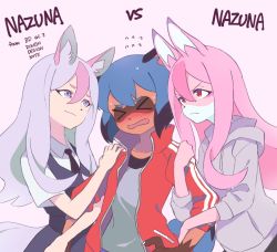 Rule 34 | &gt; &lt;, 3girls, animal ears, blue hair, blush, body fur, brand new animal, character name, closed mouth, fox ears, fox girl, frown, furry, furry female, furry with furry, girl sandwich, grey jacket, hiwatashi nazuna, hoyon, jacket, kagemori michiru, long hair, long sleeves, looking at another, multicolored hair, multiple girls, open mouth, pink background, pink hair, purple eyes, purple hair, raccoon ears, raccoon girl, red eyes, red jacket, sandwiched, short sleeves, simple background, smile, two-tone hair
