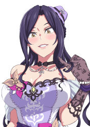 Rule 34 | 1girl, bare shoulders, black choker, black gloves, black hair, blush, breasts, choker, cleavage, dress, elbow gloves, gloves, hat, highres, idolmaster, idolmaster cinderella girls, idolmaster cinderella girls starlight stage, jewelry, large breasts, lipstick, long hair, looking at viewer, makeup, mini hat, mukai takumi, natsumi chorisuke, necklace, parted lips, purple dress, purple hat, shiny skin, simple background, solo, twirling hair, upper body, white background, yellow eyes