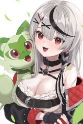 Rule 34 | 1girl, 1other, breasts, cleavage, creatures (company), fingerless gloves, game freak, gloves, highres, hololive, large breasts, long hair, looking at viewer, multicolored hair, nintendo, open mouth, pokemon, sakamata chloe, sakamata chloe (1st costume), smile, sprigatito, streaked hair, tonton utaro, virtual youtuber