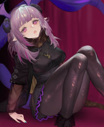Rule 34 | 1girl, absurdres, arknights, black pantyhose, black scarf, black skirt, breasts, feet out of frame, fengyin shici guozi, head wings, highres, jewelry, knees up, long hair, long sleeves, manticore (arknights), manticore (invisible dirge) (arknights), medium breasts, necklace, official alternate costume, open mouth, pantyhose, paw print, pink eyes, pointy ears, purple hair, scarf, scorpion tail, sitting, skirt, solo, tail, thighs, wings