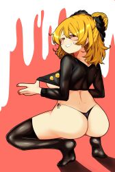 Rule 34 | 1girl, absurdres, ass, black bow, black panties, black shirt, black thighhighs, blonde hair, blush, bow, breasts, brown eyes, clothes pull, commentary request, commission, crop top, fingernails, from behind, full body, grin, hair between eyes, hair bow, hair bun, highres, kurodani yamame, large breasts, looking at viewer, looking back, medium hair, no pants, no shoes, panties, red background, red nails, rinyamame, shirt, shirt pull, side-tie panties, skeb commission, smile, solo, squatting, thighhighs, touhou, two-tone background, underboob, underwear, white background