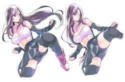 Rule 34 | 1girl, absurdres, bare shoulders, bike shorts under skirt, black hair, black skirt, black thighhighs, breasts, brown hair, cleavage, clenched hands, crop top, detached sleeves, earrings, fighting stance, final fantasy, final fantasy vii, final fantasy vii remake, fingerless gloves, gloves, highres, jewelry, large breasts, leg up, long hair, low-tied long hair, midriff, multiple views, red eyes, red footwear, shoji sakura, skirt, suspender skirt, suspenders, tank top, thighhighs, tifa lockhart, white background, white tank top