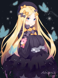 Rule 34 | 1girl, abigail williams (fate), absurdres, artist name, black bow, black dress, black hat, blush, bow, bug, butterfly, character name, dress, fate/grand order, fate (series), hair bow, hands in opposite sleeves, hat, highres, holding, holding stuffed toy, insect, long hair, long sleeves, looking at viewer, orange bow, polka dot, polka dot bow, smile, solo, stuffed animal, stuffed toy, very long hair, w-t
