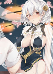 Rule 34 | 1girl, azur lane, bad id, bad pixiv id, braid, branch, breast curtains, breasts, cherry blossoms, china dress, chinese clothes, dress, garter straps, grey dress, hair between eyes, karen ngao, large breasts, looking at viewer, neckwear between breasts, pelvic curtain, red eyes, revealing clothes, see-through, see-through sleeves, sirius (azur lane), sirius (azure horizons) (azur lane), sitting, skindentation, solo, thighhighs, white hair, white thighhighs