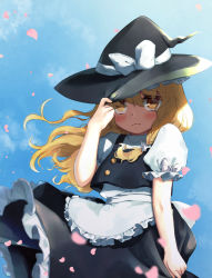 Rule 34 | 1girl, apron, ari don, blonde hair, blush, bow, braid, cherry blossoms, cloud, day, falling petals, from below, hand on headwear, hat, hat bow, kirisame marisa, light smile, long hair, looking at viewer, petals, petticoat, puffy short sleeves, puffy sleeves, rose petals, shirt, short sleeves, skirt, sky, solo, tears, touhou, waist apron, witch hat, yellow eyes