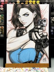 Rule 34 | 1girl, aiming, art tools in frame, blue eyes, blue shirt, blue tube top, breasts, brown hair, cleavage, dated, finger on trigger, fingerless gloves, gloves, gun, highres, holding, holding gun, holding weapon, jill valentine, looking at viewer, marker (medium), medium hair, resident evil, resident evil 3, resident evil 3: nemesis, shirt, signature, solo, stanley lau, strapless, tagme, traditional media, tube top, weapon