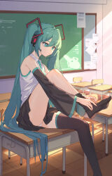 Rule 34 | 1girl, absurdres, adjusting clothes, adjusting legwear, aqua eyes, aqua hair, aqua necktie, black skirt, black sleeves, black thighhighs, chair, chalkboard, chinese commentary, classroom, closed mouth, collared shirt, commentary request, desk, detached sleeves, dressing, eyelashes, feet, foot out of frame, foot up, grey shirt, hair between eyes, hair ornament, hatsune miku, headset, highres, indoors, knee up, lance (lancelliu), legs, long hair, long legs, necktie, no shoes, on desk, panties, pantyshot, revision, school chair, school desk, shadow, shiny clothes, shiny skin, shirt, sidelocks, sitting, on desk, skirt, sleeveless, sleeveless shirt, soles, solo, swept bangs, thighhighs, thighs, toes, twintails, underwear, very long hair, vocaloid, white panties