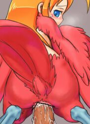Rule 34 | 1boy, 1girl, akai (ugokashitari), bar censor, bird legs, bird tail, blonde hair, blue eyes, blush, censored, cloaca, cum, cum in cloaca, feathered wings, feathers, grey background, harpy, harpy (akai), hetero, long hair, monster girl, original, penis, pov, red feathers, red wings, sex, sex from behind, simple background, sweatdrop, tail, winged arms, wings