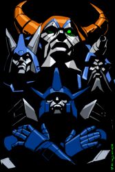 Rule 34 | beard, black background, bohemian rhapsody, crossed arms, cyclonus, facial hair, frown, galvatron, green eyes, horns, looking up, makoto ono, mecha, mustache, no humans, portrait, queen (band), robot, science fiction, sweeps (transformers), transformers, transformers: generation 1, unicron