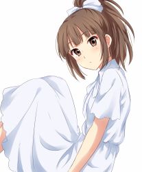 Rule 34 | 1girl, blunt bangs, blush, bow, brown eyes, brown hair, closed mouth, dress, feet out of frame, from side, hair bow, highres, hisami nanami, looking at viewer, looking to the side, ponytail, sekina, short sleeves, simple background, sitting, solo, wake up girls!, white background, white bow, white dress