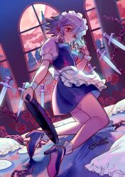 Rule 34 | 1girl, apron, between fingers, blue dress, braid, broken, broken chain, chain, closed mouth, cloud, collared shirt, commentary request, dress, dutch angle, flower, from side, full body, grey hair, hand up, high heels, holding, holding knife, holding tray, indoors, izayoi sakuya, kneeling, knife, knives between fingers, looking at viewer, maid headdress, medium hair, moon, pillow, plate, puffy short sleeves, puffy sleeves, red eyes, red flower, red rose, red sky, rose, scarlet devil mansion, shirt, short sleeves, sky, socks, solo, touhou, tray, twin braids, waist apron, white shirt, white socks, window, wrist cuffs, yayin (yayin233)