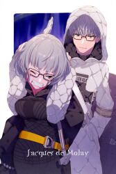 Rule 34 | 1boy, 1girl, black dress, blue eyes, blush, breasts, character name, clenched teeth, cropped jacket, dress, dual persona, echo (circa), fate/grand order, fate (series), glasses, green eyes, grey hair, hood, hood up, jacket, jacques de molay (foreigner) (fate), jacques de molay (saber) (fate), large breasts, long sleeves, one eye closed, open clothes, open jacket, short hair, teeth, white jacket