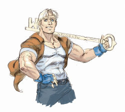 Rule 34 | 1boy, aged up, blonde hair, blue eyes, capcom, casual, cody travers, diepod, facial hair, final fight, fingerless gloves, gloves, good end, jacket, key, male focus, muscular, open clothes, open jacket, oversized object, pectorals, simple background, sleeves rolled up, solo, street fighter, stubble, tank top