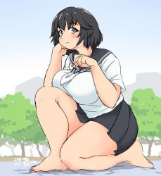 Rule 34 | 10s, 1boy, 1girl, 2015, barefoot, black hair, blush, breasts, brown eyes, feet, giant, giantess, head rest, kneeling, large breasts, legs, light smile, looking at viewer, mikomu, mini person, miniboy, original, outdoors, pleated skirt, plump, school uniform, serafuku, short hair, size difference, skirt, smile, solo focus, thick thighs, thighs, toes, tree