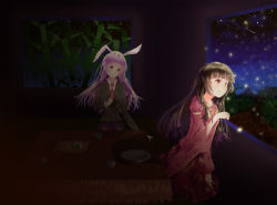 Rule 34 | 2girls, animal ears, bamboo, bamboo forest, bamboo print, black hair, blazer, choko (cup), cup, forest, hand on own chest, houraisan kaguya, indoors, jacket, light particles, light purple hair, long hair, long sleeves, longchuan rita, looking at another, looking outside, looking to the side, looking up, moonlight, multiple girls, nature, necktie, night, pink shirt, plate, rabbit ears, red eyes, red necktie, red skirt, reisen udongein inaba, shirt, shooting star, sitting, skirt, sky, star (sky), starry sky, table, takigawa rita, touhou, window