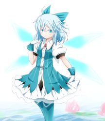 Rule 34 | 1girl, adapted costume, alternate costume, blue eyes, blue hair, blush, cirno, dress, gloves, hair ribbon, ice, ice wings, infrontie, layered dress, looking at viewer, matching hair/eyes, puffy sleeves, ribbon, short hair, short sleeves, simple background, solo, touhou, white background, white gloves, wings