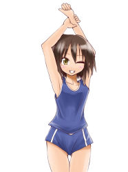 Rule 34 | 00s, 1girl, ;d, brown hair, buruma, green eyes, grin, hane (hanegoya), kusakabe misao, looking at viewer, lucky star, one eye closed, open mouth, short hair, shorts, simple background, sleeveless, smile, solo, sportswear, standing, tank top, teeth, thigh gap, white background