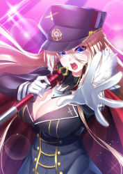 Rule 34 | 1girl, :o, arms up, azur lane, between breasts, bismarck (azur lane), blonde hair, blue eyes, blurry, bokeh, breasts, cape, cleavage, depth of field, gloves, gold trim, hair between eyes, hat, highres, holding, ken ill, large breasts, long hair, long sleeves, looking at viewer, open clothes, open mouth, outstretched hand, pink background, solo, sparkle background, teeth, upper teeth only, white gloves