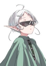 Rule 34 | 1girl, :o, absurdres, ahoge, cloak, commentary request, elf, green cloak, highres, looking at viewer, mushoku tensei, open mouth, pointy ears, red eyes, short hair, simple background, solo, sunglasses, syagare, sylphiette (mushoku tensei), upper body, white background, white hair