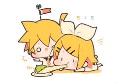 Rule 34 | 1boy, 1girl, ^^^, aged down, baby, black collar, blonde hair, blouse, blush stickers, bow, brother and sister, chibi, children&#039;s day, collar, commentary, dated, eating, food, hair bow, hair ornament, hairclip, kagamine len, kagamine rin, kitsune no ko, koinobori, lying, mochi, on stomach, outstretched arms, plate, sailor collar, shirt, short hair, short ponytail, short sleeves, siblings, solid circle eyes, spiked hair, swept bangs, twins, twitter username, vocaloid, white background, white bow, white shirt, windsock
