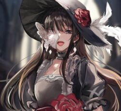 Rule 34 | 1girl, bad id, bad twitter id, black dress, black eyes, blurry, blurry background, breasts, brown hair, choker, christine (housamo), cleavage, dress, earrings, flower, frilled choker, frilled dress, frills, half mask, hat, hat feather, jewelry, long hair, looking at viewer, mask, medium breasts, open mouth, puffy short sleeves, puffy sleeves, red flower, red rose, rose, short sleeves, smile, solo, tass commuovere, tokyo houkago summoners, upper body