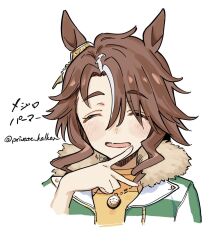Rule 34 | 1girl, animal ears, blush, brown hair, closed eyes, commentary request, ear ornament, fur-trimmed jacket, fur trim, hair over one eye, highres, horse ears, horse girl, jacket, jewelry, medium hair, mejiro palmer (umamusume), mitsusaka mitsumi, multicolored hair, necklace, open mouth, portrait, shirt, simple background, smile, solo, streaked hair, twitter username, umamusume, v, white background, white hair, white jacket, yellow shirt