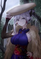 Rule 34 | 1girl, asymmetrical hair, blue eyes, blue kimono, breasts, closed mouth, cloud, cloudy sky, commentary request, day, detached sleeves, earrings, fate/grand order, fate (series), forest, hair between eyes, hair ornament, holding, japanese clothes, jewelry, kimono, leaf print, lid, looking at viewer, miyamoto musashi (fate), miyamoto musashi (first ascension) (fate), nature, ponytail, rain, sash, sky, sleeveless, sleeveless kimono, solo, standing, xiujia yihuizi