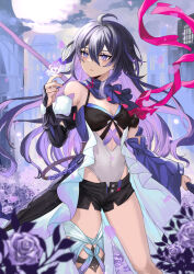Rule 34 | 1girl, ahoge, armpit crease, bandana, bandana around arm, bandana around thighs, black shorts, blue hair, blurry, bow, breasts, bug, building, bush, butterfly, butterfly on hand, cleavage, closed mouth, cloud, colored inner hair, commentary, covered navel, crossed legs, depth of field, dress, flower, frilled dress, frills, gauntlets, hair between eyes, highleg, highleg leotard, holding, holding staff, holding weapon, honkai: star rail, honkai (series), insect, leotard, long hair, looking at another, medium breasts, multicolored clothes, multicolored hair, open fly, purple butterfly, purple eyes, purple flower, purple hair, purple rose, red bandana, red bow, rose, seele (honkai: star rail), shooting star, short shorts, shorts, single bare shoulder, smile, solo, staff, star (sky), ten-chan (eternal s), thighs, very long hair, weapon, white leotard