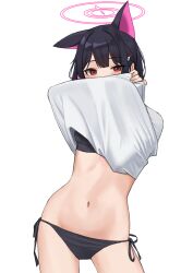 Rule 34 | 1girl, absurdres, alternate costume, animal ears, black bra, black hair, black panties, blue archive, bra, cat ears, clothes lift, colored inner animal ears, contrapposto, covering own mouth, cowboy shot, ear down, extra ears, hair ornament, hairclip, halo, highres, kazusa (blue archive), lifting own clothes, looking at viewer, momocadraw, navel, panties, pink hair, pink halo, red eyes, shirt, shirt lift, side-tie panties, simple background, solo, stomach, underwear, undressing, white background, white shirt