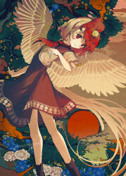 Rule 34 | 1girl, animal, animal on head, artist name, ascot, bird, bird on head, bird tail, bird wings, black footwear, blonde hair, blue flower, closed mouth, commentary request, feet out of frame, flower, highres, looking at viewer, medium hair, multicolored hair, niwatari kutaka, oito (bowstringsmall), on head, orange sky, red ascot, red eyes, red hair, red skirt, red sun, shirt, skirt, sky, smile, solo, tail, touhou, two-tone hair, white flower, white shirt, wings