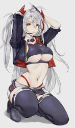 Rule 34 | 1girl, absurdres, antenna hair, azur lane, belt, breasts, clothing cutout, coteri, cropped jacket, cropped shirt, earpiece, full body, grey background, grey hair, hands in own hair, hands up, highleg, highleg panties, highres, jacket, kneeling, large breasts, long hair, midriff, mouth hold, multicolored hair, navel, official alternate costume, panties, panty straps, prinz eugen (azur lane), prinz eugen (final lap) (azur lane), purple jacket, race queen, red hair, red panties, simple background, streaked hair, thighhighs, two-tone skirt, two side up, underboob, underboob cutout, underwear, white belt