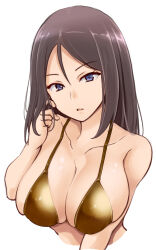 Rule 34 | bikini, blue eyes, breasts, brown hair, cleavage, collarbone, commentary request, cropped torso, girls und panzer, gold bikini, highres, kitayama miuki, large breasts, long hair, looking at viewer, nonna (girls und panzer), open mouth, playing with own hair, solo, swimsuit, upper body, white background