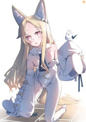 Rule 34 | 1girl, :&lt;, absurdly long hair, adapted costume, animal ear fluff, animal ears, arm support, bandaid, bandaids on nipples, bird, bird on hand, blonde hair, blue archive, blue necktie, blush, breasts, bright pupils, cameltoe, commentary, detached sleeves, flower, flower wreath, forehead, fox ears, gradient eyes, hair flower, hair ornament, head tilt, highres, keyfanjun, kneeling, leaning forward, leotard, long hair, long sleeves, looking at viewer, multicolored eyes, necktie, no halo, open mouth, oversized breast cup, pantyhose, parted bangs, pasties, pink eyes, puffy detached sleeves, puffy long sleeves, puffy sleeves, sailor collar, seia (blue archive), short necktie, shoulder blades, simple background, sleeves past fingers, sleeves past wrists, small breasts, solo, striped clothes, striped pantyhose, vertical-striped clothes, vertical-striped pantyhose, very long hair, wardrobe malfunction, white background, white leotard, white pantyhose, white pupils, white sailor collar, yellow eyes