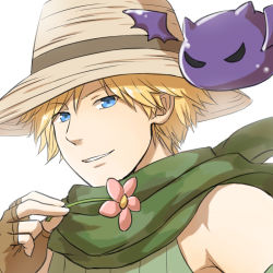 Rule 34 | 1boy, brown gloves, brown headwear, commentary request, deviling, fingerless gloves, flower, gloves, green shirt, grin, hat, holding, holding flower, looking at viewer, male focus, natsuya (kuttuki), pink flower, ragnarok online, ranger (ragnarok online), shirt, short hair, simple background, sleeveless, sleeveless shirt, slime (creature), smile, straw hat, upper body, white background