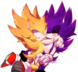 Rule 34 | @ @, black sclera, blush, colored sclera, fleetway super sonic, furry, furry male, gloves, hedgehog, hedgehog boy, hedgehog ears, hedgehog tail, highres, hug, looking at viewer, original, purple eyes, purple fur, quill, red eyes, shoes, sonic (series), sonic the comic, sonic the hedgehog, spiked hair, super sonic, tongue, tongue out, usa37107692, yellow fur