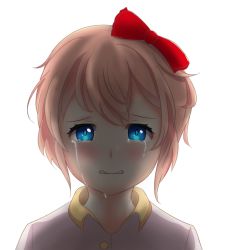 Rule 34 | 1girl, blue eyes, bow, crying, crying with eyes open, depressed, doki doki literature club, hair bow, pink hair, sad, sayori (doki doki literature club), short hair, solo, tears
