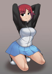 Rule 34 | 1girl, armpits, arms behind head, arms up, artist name, black eyes, black footwear, black jacket, blue skirt, bob cut, breasts, closed mouth, collarbone, commentary, english commentary, freckles, from side, full body, gez1313, grey background, highres, jacket, kim pine, kneeling, looking at viewer, looking to the side, medium breasts, miniskirt, multicolored clothes, multicolored jacket, navel, pleated skirt, red hair, scott pilgrim (series), shadow, shoes, short hair, signature, simple background, skirt, smile, sneakers, solo, track jacket, two-tone jacket, white jacket