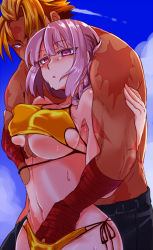 Rule 34 | 1boy, 1girl, beowulf (fate), bikini, black pants, blonde hair, braid, breasts, couple, cowboy shot, curvy, expressionless, fate/grand order, fate (series), fingering, fingering from behind, fingerless gloves, florence nightingale (chaldea lifesavers) (fate), florence nightingale (fate), gloves, grabbing, grabbing another&#039;s breast, grabbing from behind, hetero, hug, large breasts, long hair, looking at another, mijinko (83nabe), muscular, navel, pants, parted lips, pink eyes, pink hair, red eyes, red gloves, scar, shiny skin, short hair, side-tie bikini bottom, single braid, sky, sweat, swimsuit, topless male, very long hair, wide hips, yellow bikini