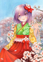 Rule 34 | 1girl, artist name, cherry blossoms, dated, floral print, flower, hair flower, hair ornament, hieda no akyuu, japanese clothes, kimono, mosho, open mouth, painting (medium), petals, purple eyes, purple hair, ribbon, short hair, signature, smile, solo, touhou, traditional media, watercolor (medium)