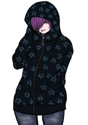 Rule 34 | 1boy, 2n5, androgynous, bad id, bad pixiv id, commentary request, hair over one eye, hood, hoodie, lip piercing, lips, male focus, mikel-kun, original, parted lips, piercing, purple hair, simple background, sleeves past wrists, smile, solo, trap, white background