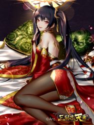 Rule 34 | arm support, ass, back, bare shoulders, black hair, blush, brown pantyhose, choker, detached sleeves, dress, glint, gold trim, hair between eyes, hair ornament, hand up, inanome me, japanese clothes, kimono, light particles, long hair, looking at viewer, lying, official art, on side, open mouth, pantyhose, pillow, red dress, red eyes, red kimono, red lips, sangokushi tenka, shoes, sidelocks, smile, solo, thighs, twintails, very long hair, watermark, zhao yun (sangokushi tenka)