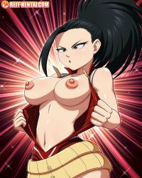 Rule 34 | 1girl, asymmetrical hair, bare arms, bare shoulders, belt, black eyes, black hair, boku no hero academia, breasts, breasts out, forehead, highres, large breasts, leotard, navel, nipples, parted lips, ponytail, red background, reit, solo, undressing, upper body, yaoyorozu momo
