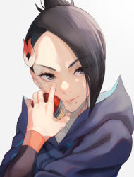 Rule 34 | 1girl, black hair, closed mouth, commentary request, creatures (company), eyelashes, game freak, grey eyes, hair ornament, hand up, highres, holding, holding poke ball, hood, hood down, hooded jacket, jacket, mai (pokemon), mole, mole under mouth, nintendo, poke ball, poke ball (legends), pokemon, pokemon legends: arceus, short hair, smile, solo, ugo (artist), upper body