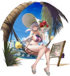 Rule 34 | 1girl, azur lane, bare legs, bare shoulders, bikini, blue sky, breasts, choker, cleavage, day, earrings, flower, grey hair, hammock, hand on headwear, hand up, hat, hat flower, highres, jewelry, large breasts, long hair, looking at viewer, low ponytail, manjuu (azur lane), nail polish, navel, off shoulder, official alternate costume, official art, outdoors, pandea work, parted lips, purple bikini, purple choker, purple eyes, red flower, reno (azur lane), reno (summer spin-off) (azur lane), sandals, sign, sitting, skindentation, sky, solo, stomach, string bikini, sun hat, swimsuit, thighs, transparent background, tree, watch, white hat, wristwatch